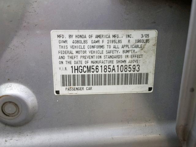 1HGCM56185A108593 - 2005 HONDA ACCORD DX SILVER photo 10