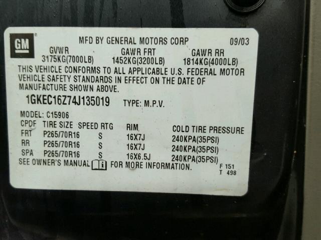 1GKEC16Z74J135019 - 2004 GMC YUKON XL C GRAY photo 10