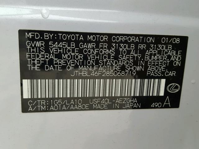 JTHBL46F285068719 - 2008 LEXUS LS 460 WHITE photo 10