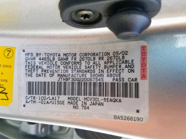 JTHBF30G220067545 - 2002 LEXUS ES 300 SILVER photo 10