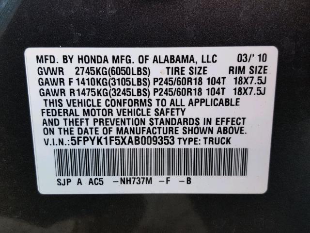 5FPYK1F5XAB009353 - 2010 HONDA RIDGELINE GRAY photo 10