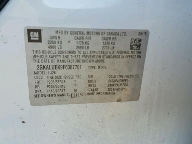 2GKALUEK9F6387701 - 2015 GMC TERRAIN DE WHITE photo 10