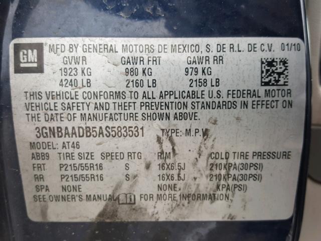 3GNBAADB5AS583531 - 2010 CHEVROLET HHR LS Mavi foto 10