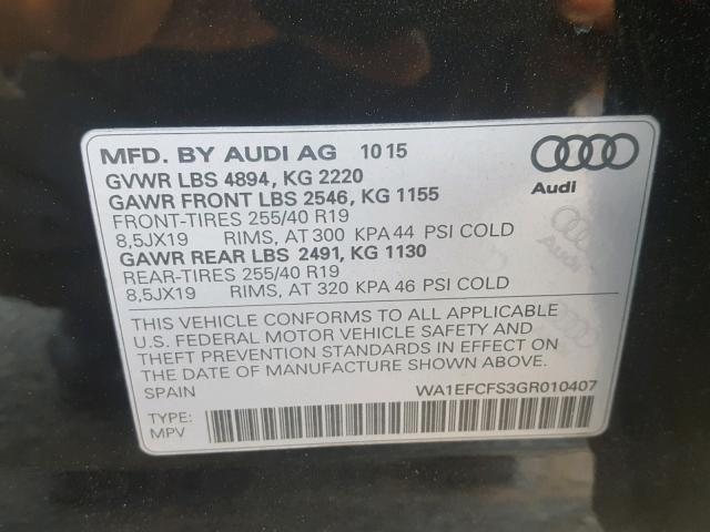 WA1EFCFS3GR010407 - 2016 AUDI Q3 PREMIUM BLACK photo 10