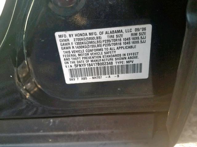 5FNYF18417B002348 - 2007 HONDA PILOT EX BLACK photo 10