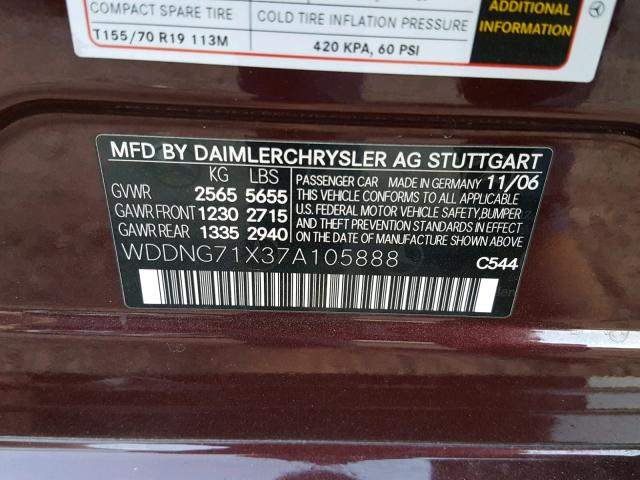 WDDNG71X37A105888 - 2007 MERCEDES-BENZ S 550 MAROON photo 10