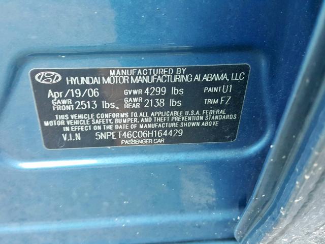 5NPET46C06H164429 - 2006 HYUNDAI SONATA GL BLUE photo 10