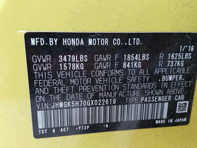 JHMGK5H70GX022619 - 2016 HONDA FIT EX GREEN photo 10