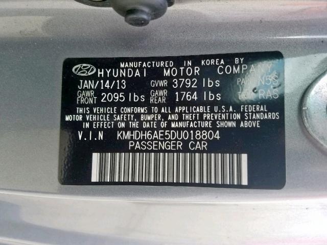 KMHDH6AE5DU018804 - 2013 HYUNDAI ELANTRA CO GRAY photo 10