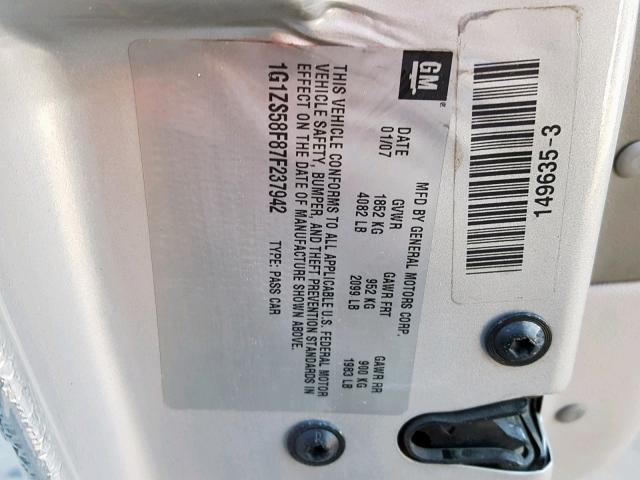 1G1ZS58F87F237942 - 2007 CHEVROLET MALIBU LS 银色 照片 10