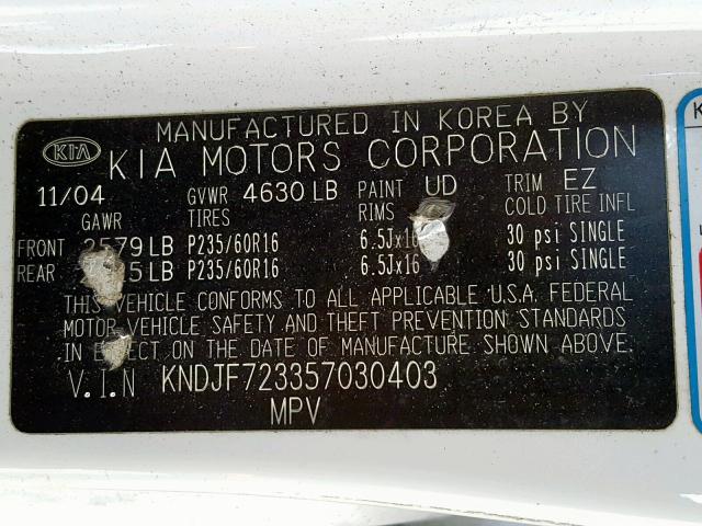 KNDJF723357030403 - 2005 KIA NEW SPORTA WHITE photo 10