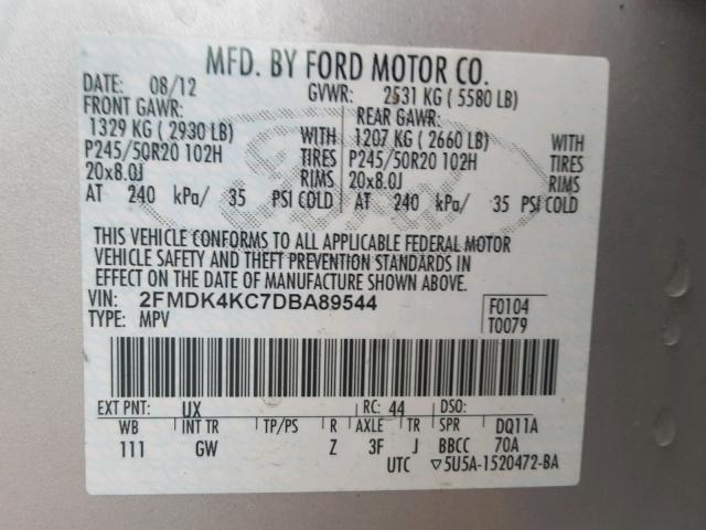 2FMDK4KC7DBA89544 - 2013 FORD EDGE LIMIT SILVER photo 10