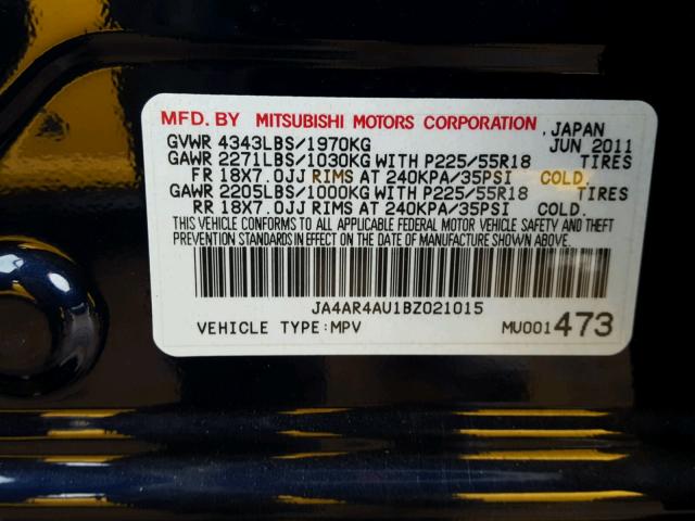 JA4AR4AU1BZ021015 - 2011 MITSUBISHI OUTLANDER BLUE photo 10