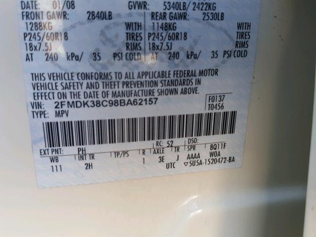 2FMDK38C98BA62157 - 2008 FORD EDGE SEL CREAM photo 10