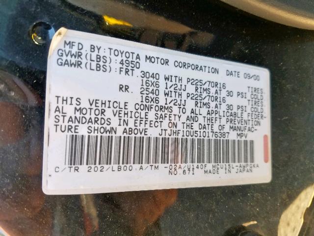 JTJHF10U510176387 - 2001 LEXUS RX 300 BLACK photo 10