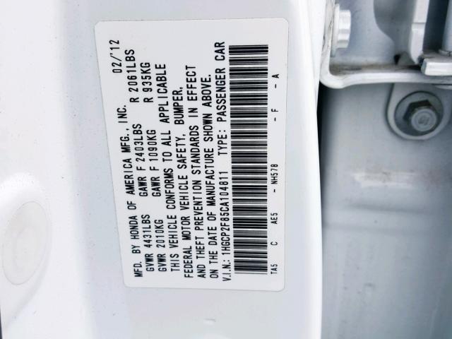 1HGCP2F85CA104811 - 2012 HONDA ACCORD EXL WHITE photo 10