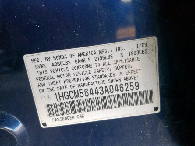 1HGCM56443A046259 - 2003 HONDA ACCORD LX BLUE photo 10