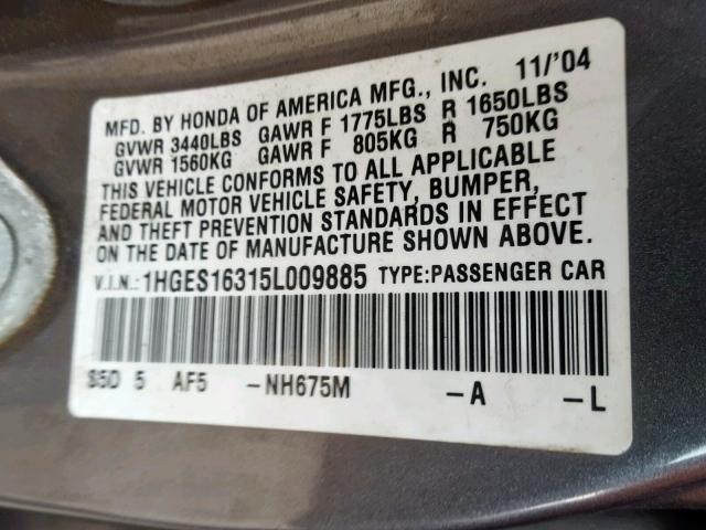 1HGES16315L009885 - 2005 HONDA CIVIC DX V GRAY photo 10