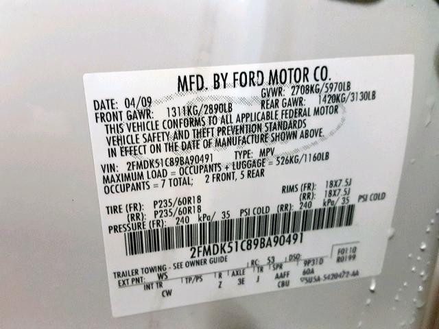 2FMDK51C89BA90491 - 2009 FORD FLEX SE WHITE photo 10