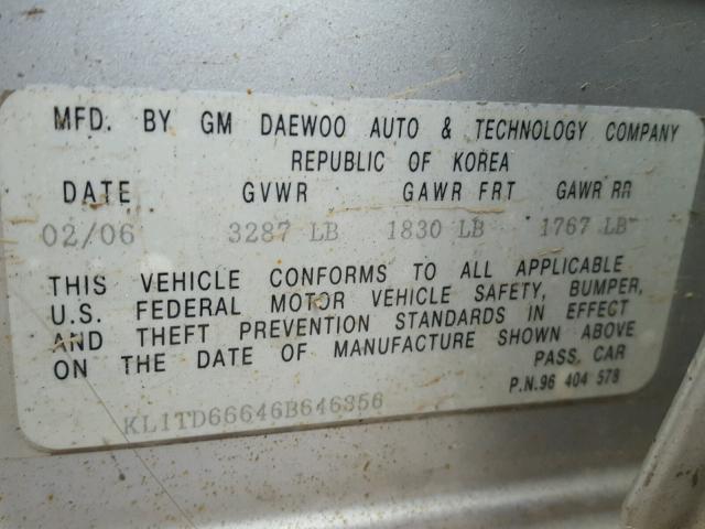 KL1TD66646B646856 - 2006 CHEVROLET AVEO BASE Boz foto 10