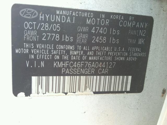 KMHFC46F76A044127 - 2006 HYUNDAI AZERA SE WHITE photo 10