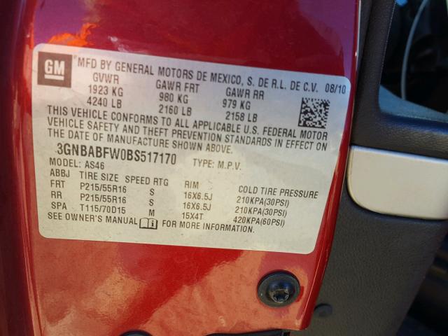 3GNBABFW0BS517170 - 2011 CHEVROLET HHR LT RED photo 10