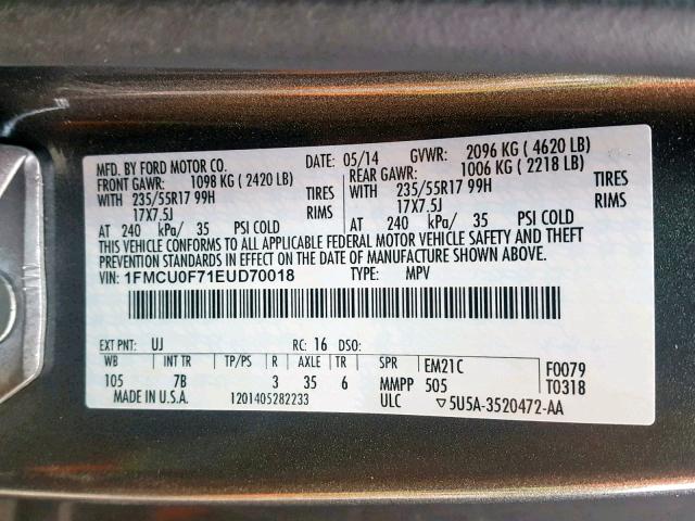 1FMCU0F71EUD70018 - 2014 FORD ESCAPE S GRAY photo 10