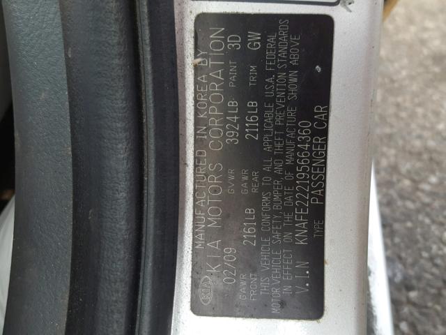 KNAFE222195664360 - 2009 KIA SPECTRA EX SILVER photo 10