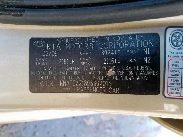 KNAFE221895662015 - 2009 KIA SPECTRA EX GOLD photo 10