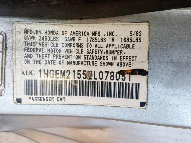 1HGEM21552L078051 - 2002 HONDA CIVIC LX SILVER photo 10