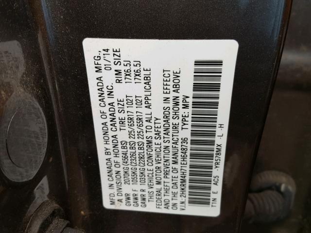 2HKRM4H71EH648736 - 2014 HONDA CR-V EXL CHARCOAL photo 10