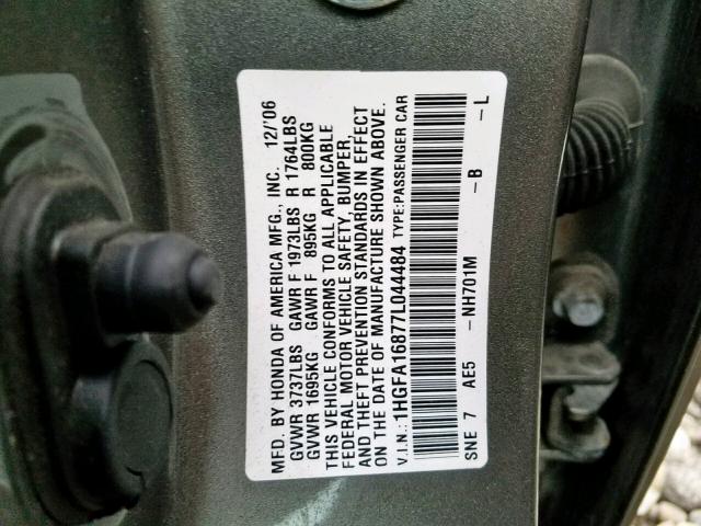 1HGFA16877L044484 - 2007 HONDA CIVIC EX GRAY photo 10