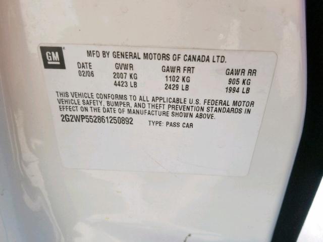 2G2WP552861250892 - 2006 PONTIAC GRAND PRIX WHITE photo 10