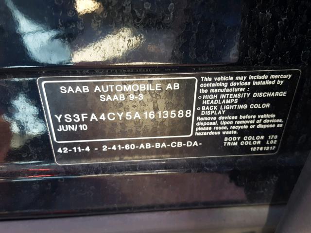 YS3FA4CY5A1613588 - 2010 SAAB 9-3 2.0T BLACK photo 10