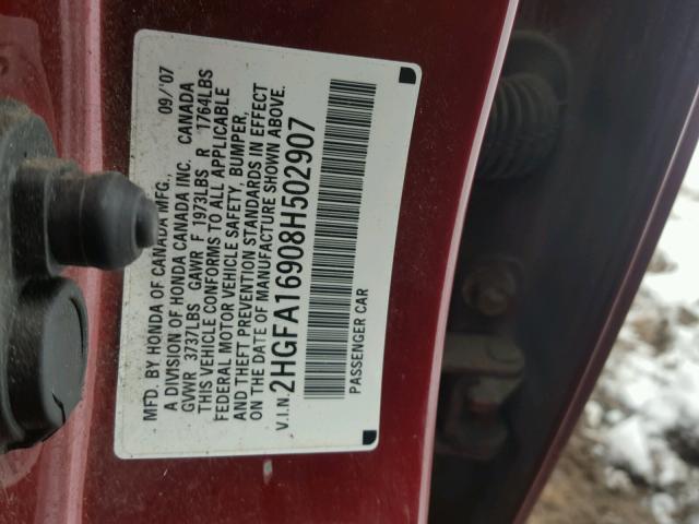 2HGFA16908H502907 - 2008 HONDA CIVIC RED photo 10