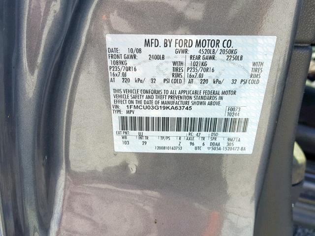 1FMCU03G19KA63745 - 2009 FORD ESCAPE XLT GRAY photo 10