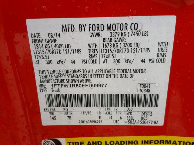 1FTFW1R60EFD09977 - 2014 FORD F150 SVT R RED photo 10