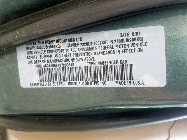 4S3BE686127203513 - 2002 SUBARU LEGACY OUT GREEN photo 10