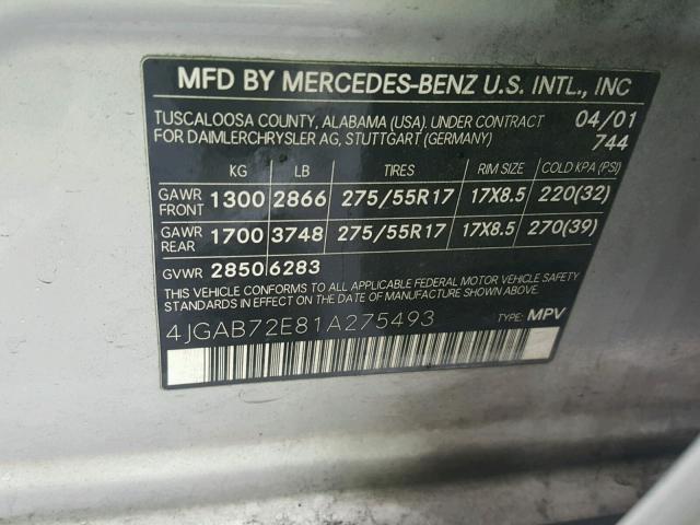 4JGAB72E81A275493 - 2001 MERCEDES-BENZ ML 430 SILVER photo 10