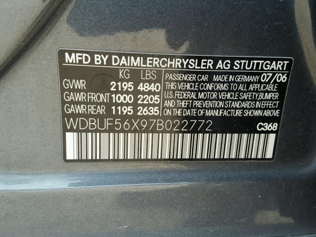 WDBUF56X97B022772 - 2007 MERCEDES-BENZ E 350 CHARCOAL photo 10