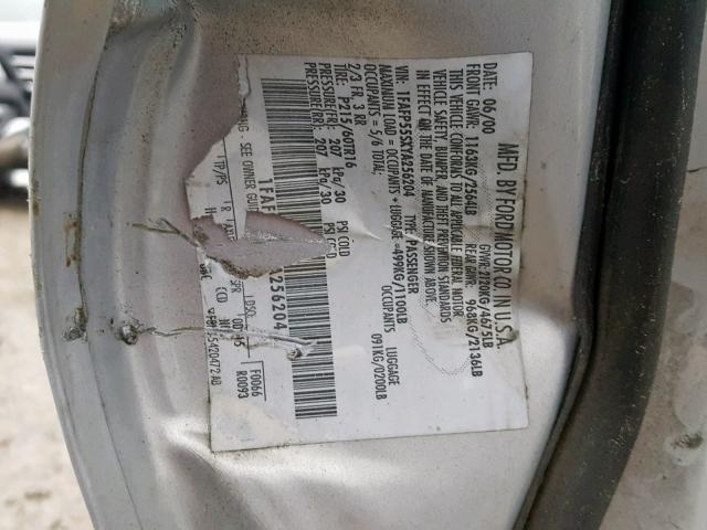 1FAFP55SXYA256204 - 2000 FORD TAURUS SES SILVER photo 10