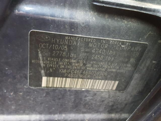 KMHFC46F46A038706 - 2006 HYUNDAI AZERA SE BLUE photo 10