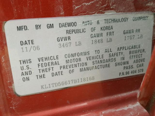 KL1TD56617B118168 - 2007 CHEVROLET AVEO BASE Қызыл фото 10