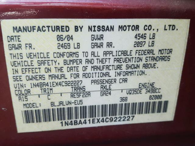 1N4BA41EX4C922227 - 2004 NISSAN MAXIMA SE RED photo 10