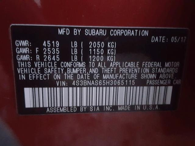 4S3BNAS65H3065115 - 2017 SUBARU LEGACY SPO RED photo 10