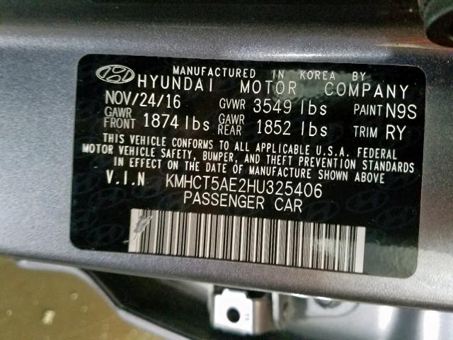 KMHCT5AE2HU325406 - 2017 HYUNDAI ACCENT SE GRAY photo 10