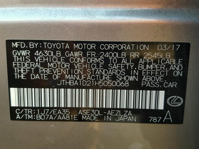 JTHBA1D21H5050068 - 2017 LEXUS IS 200T SILVER photo 10