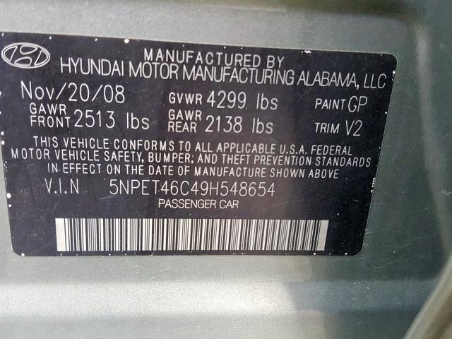 5NPET46C49H548654 - 2009 HYUNDAI SONATA GLS GRAY photo 10