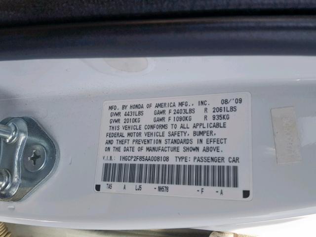 1HGCP2F85AA008108 - 2010 HONDA ACCORD EXL WHITE photo 10