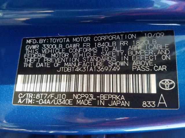 JTDBT4K31A1369749 - 2010 TOYOTA YARIS BLUE photo 10